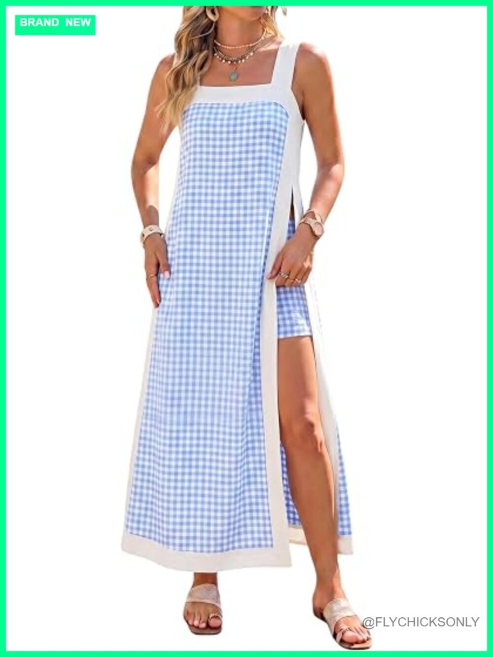 Women's Two Piece Plaid Short Sleeveless Maxi Dress Sets with Pockets